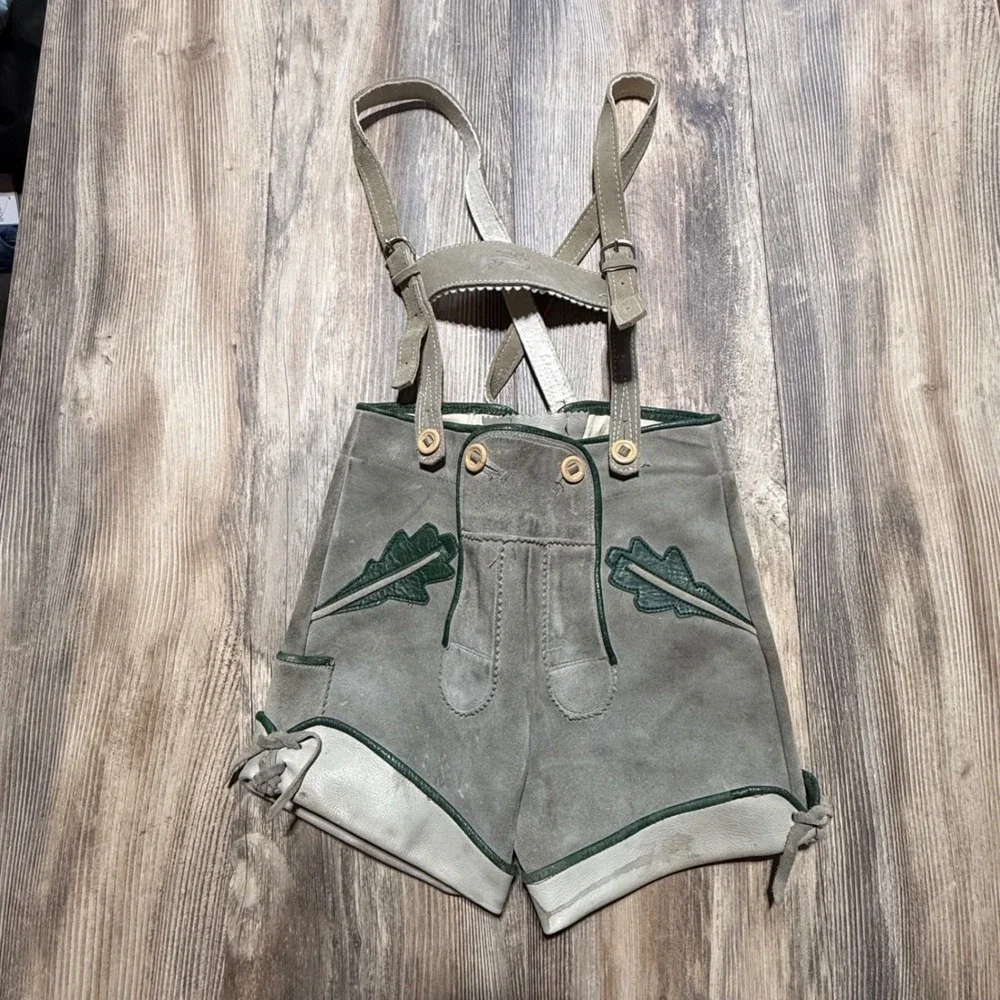 Vintage Made in Austria Lederhosen Kids Grey Suede Leather Trachten Shorts 3/4T